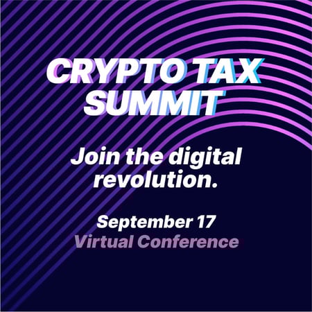 Crypto Tax Summit virtual event with tagline “Join the digital revolution” on a futuristic purple-striped background.