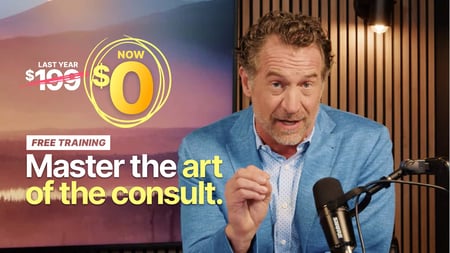  Mark J. Kohler at a microphone offering free training on Master the art of the consult.