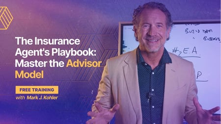  Mark J. Kohler teaching in front of whiteboard with text: The Insurance Agent's Playbook: Master the Advisor Model.
