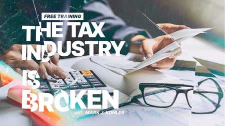  Person using calculator with text overlay: The tax industry is broken – free training.