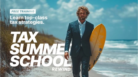  Man in suit holding a surfboard on the beach promoting Tax Summer School – Free Training.