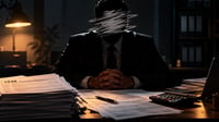 Anonymous tax preparer in a dark suit sitting behind a desk with tax documents, his face obscured to represent ghost tax preparers and tax fraud.