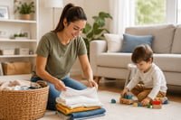 Young household nanny folding laundry while a child plays with toys nearby in a living room.